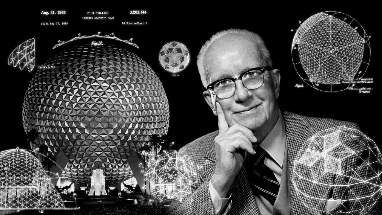 R. Buckminster Fuller with geodesic dome patent diagrams