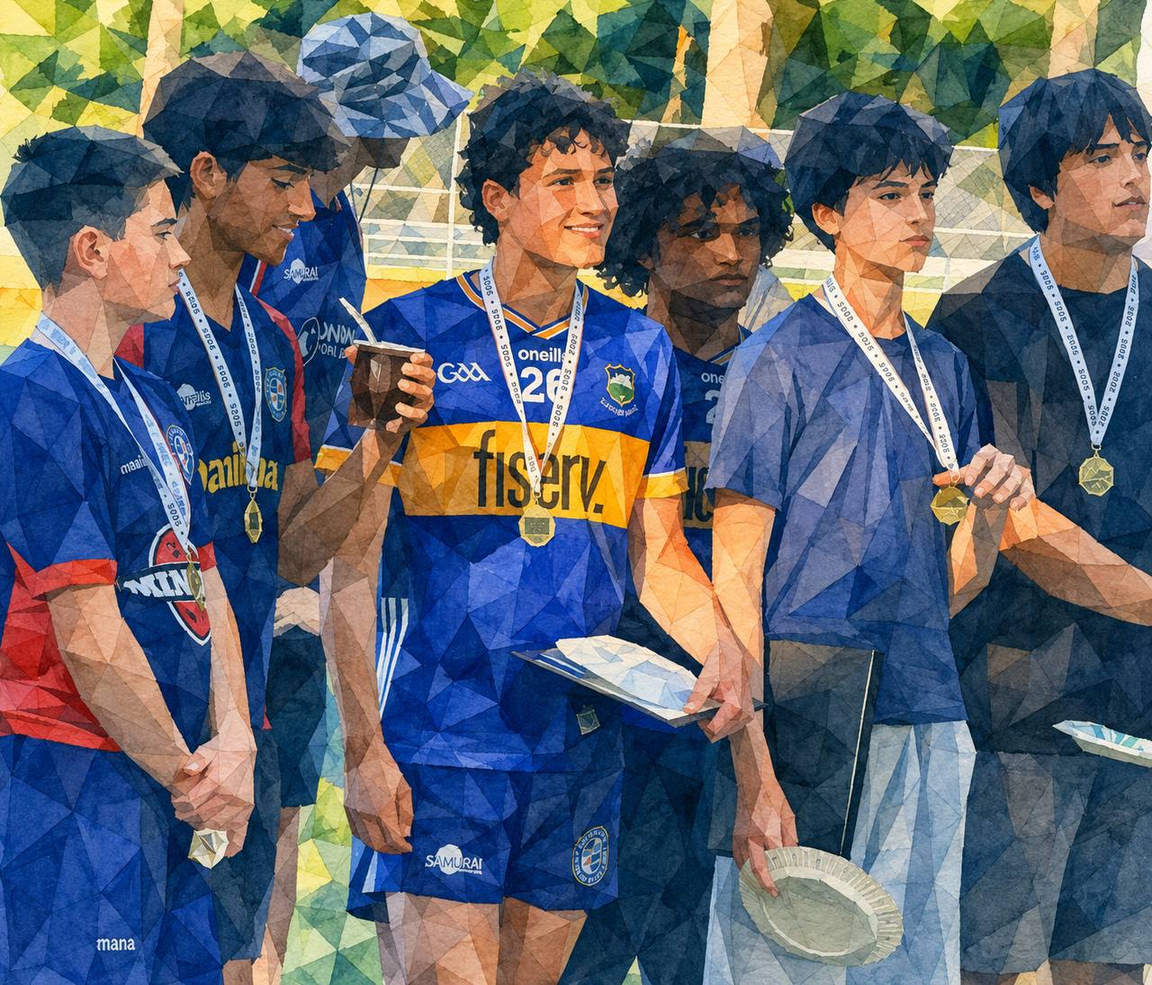 Young athletes with medals at rugby tournament by Miles Spencer